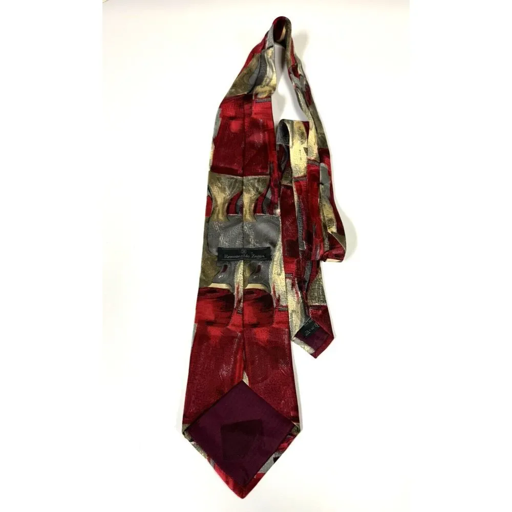 Ermenegildo Zegna Maroon Gold Gray Silk Unique Pattern Made In Italy Tie